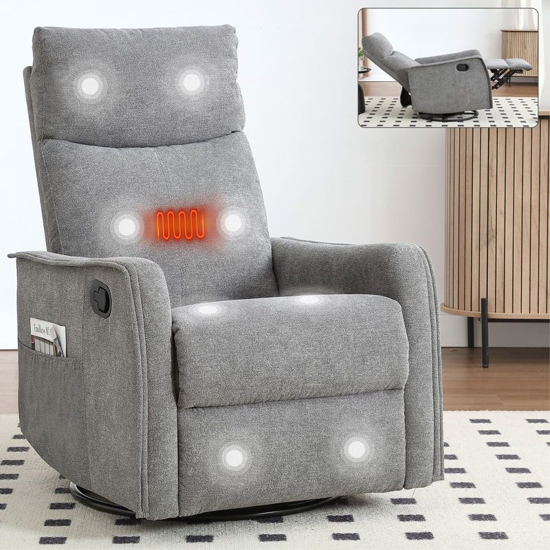 PAGED Modern Swivel Recliner Chair, Heating Massage Chair with Side Pocket, Accent Chair for Bedroom, Living Room Furniture, Gray