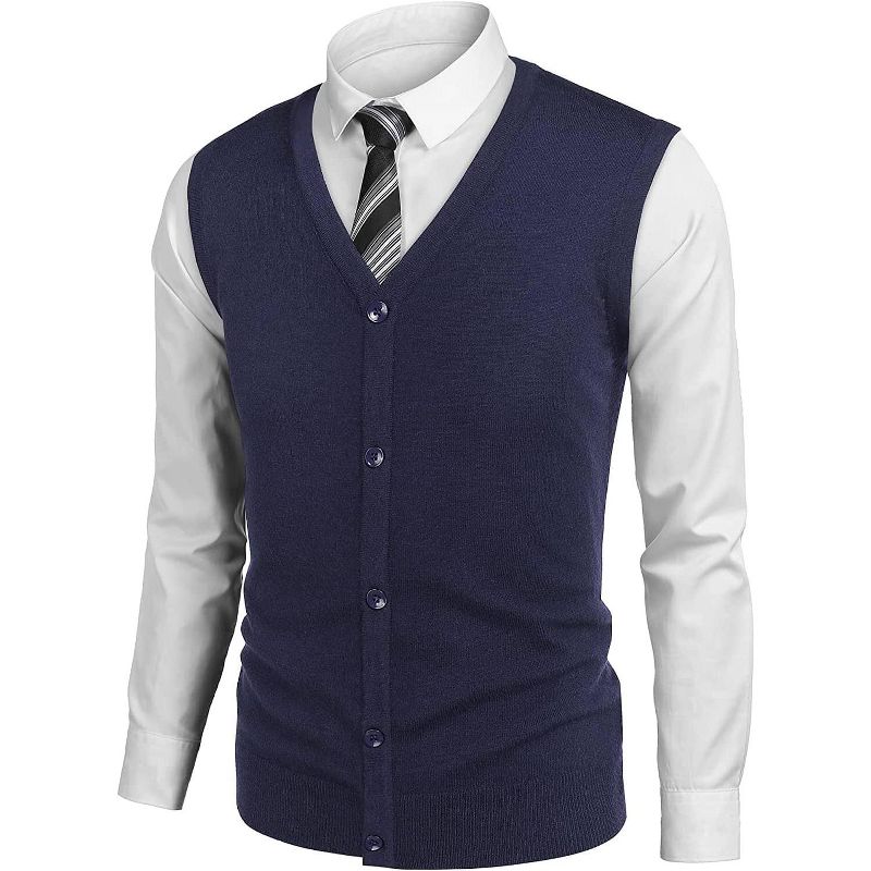 COOFANDY Men's Sweater Vest V Neck Casual Sleeveless Knitted Button Cardigan Vest Navy Blue XL