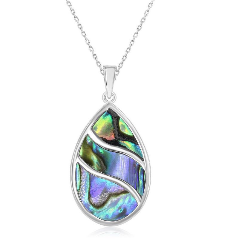 Bella Silver Sterling Silver Abalone Waves Design Teardrop 18" Pendant Necklace - Multi