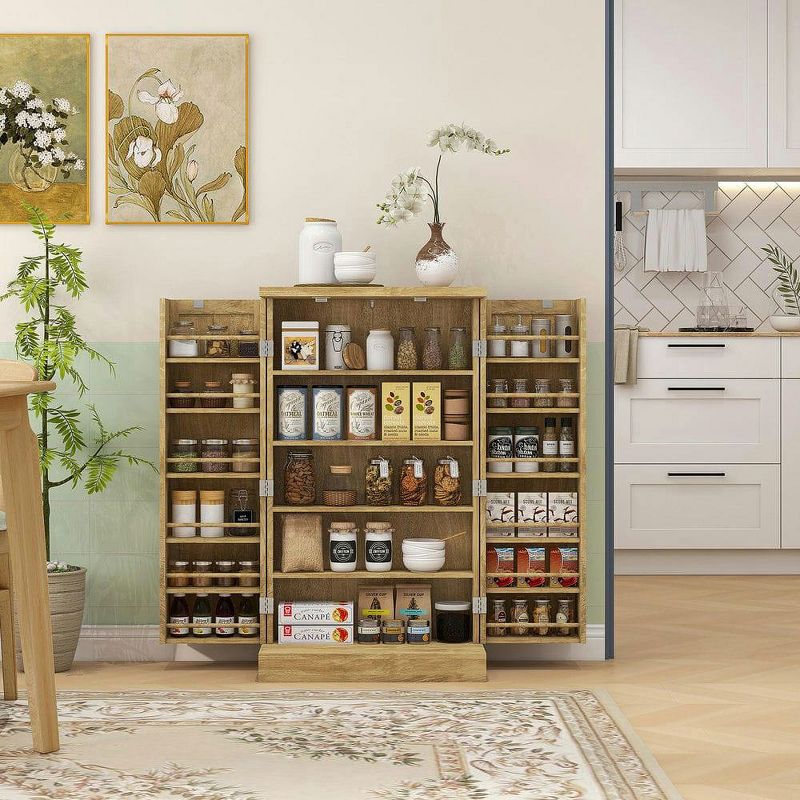 Resenkos 41" Rattan Kitchen Storage Cabinet, Food Pantry Cabinet with 5-Tier Shelf, 12 Spice Racks, Adjustable Shelves, Natural Brown