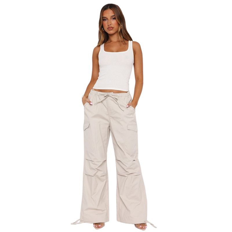 Women's Loose Drawstring Multi-Pocket Straight-Leg Cargo Pants Khaki L