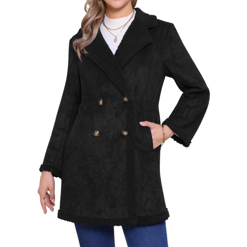 INSPIRE CHIC Women's Faux Shearling Double Breast Lapel Fleece Long Casual Faux Fur Jackets with Pockets Medium Black