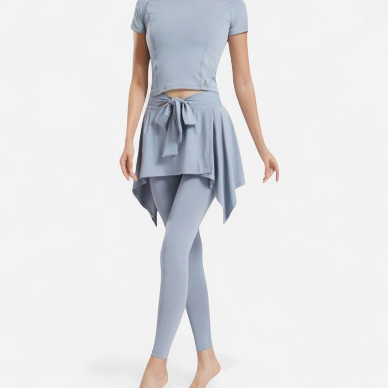 Anna-Kaci Active Women's Full-Length Leggings with Attached Tie-Front Skirt Overlay for Active and Casual Looks - X Large, Gray