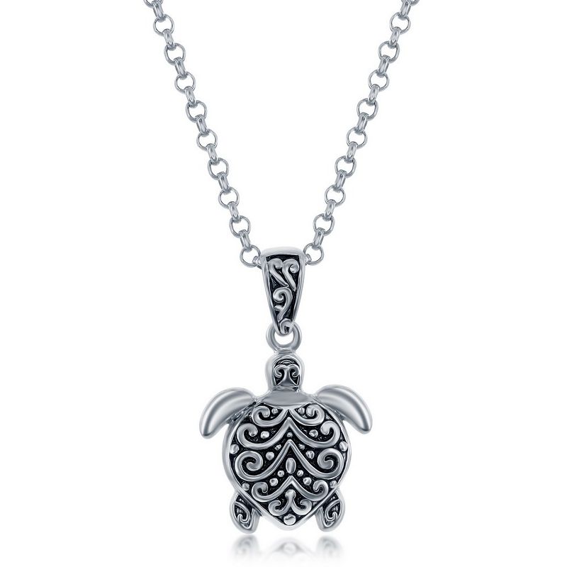 Bella Silver Sterling Silver, Oxidized Turtle 18" Pendant Necklace - Black