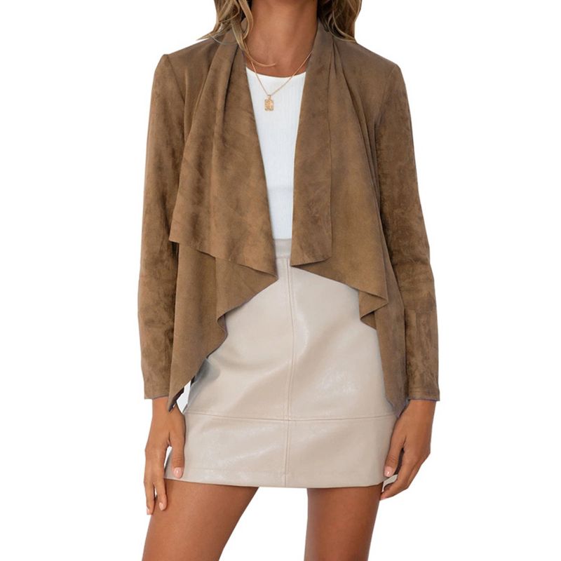 Women's Faux Suede Jackets Fashion Fall Clothes Long Sleeve Open Front Cropped Coat Outwear Brown XL
