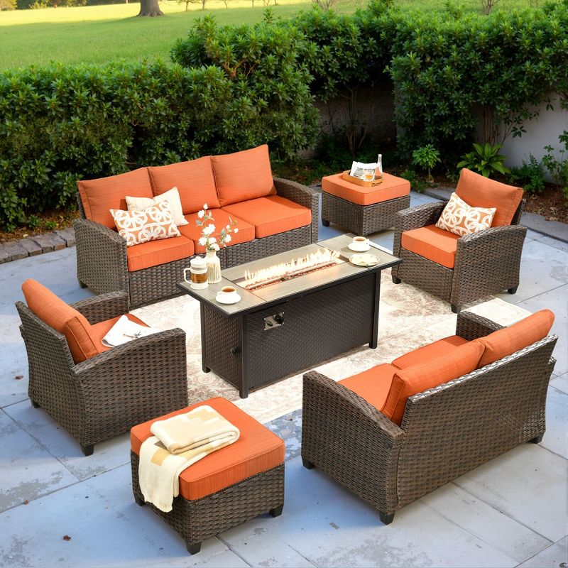 HOMLUX 7 Pieces Wicker Conversation Set, 3-Seat Sofa, Loveseat, Rattan Chairs, Ottomans & Firepit for Garden Backyard, Orange