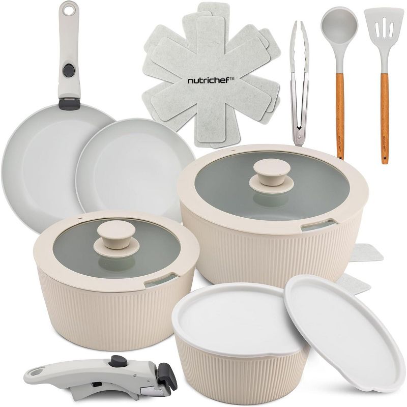 NutriChef 18-Piece Stylish Kitchen Cookware Set - Ceramic Nonstick Pots & Pans with Detachable Handles (Cream)