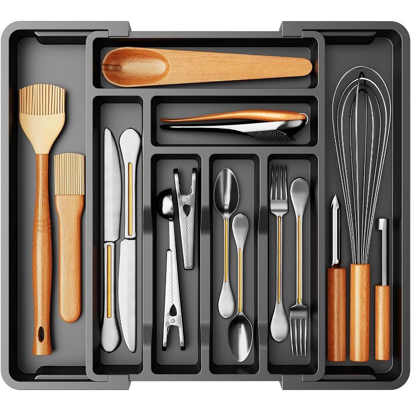 Oversized expandable silverware storage, cutlery storage, kitchen utensil drawer storage, adjustable spoon fork knife silverware rack, black