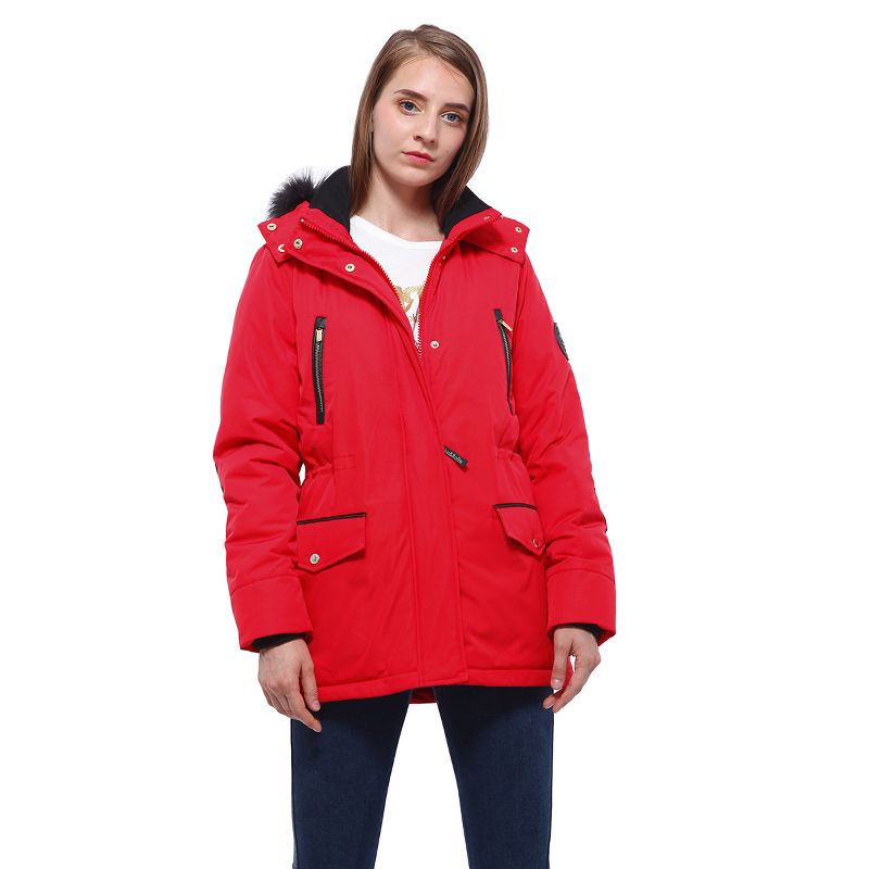 Rokka&Rolla Women's Winter Coat with Faux Fur Hood Parka Jacket-Fresh Red, size Medium
