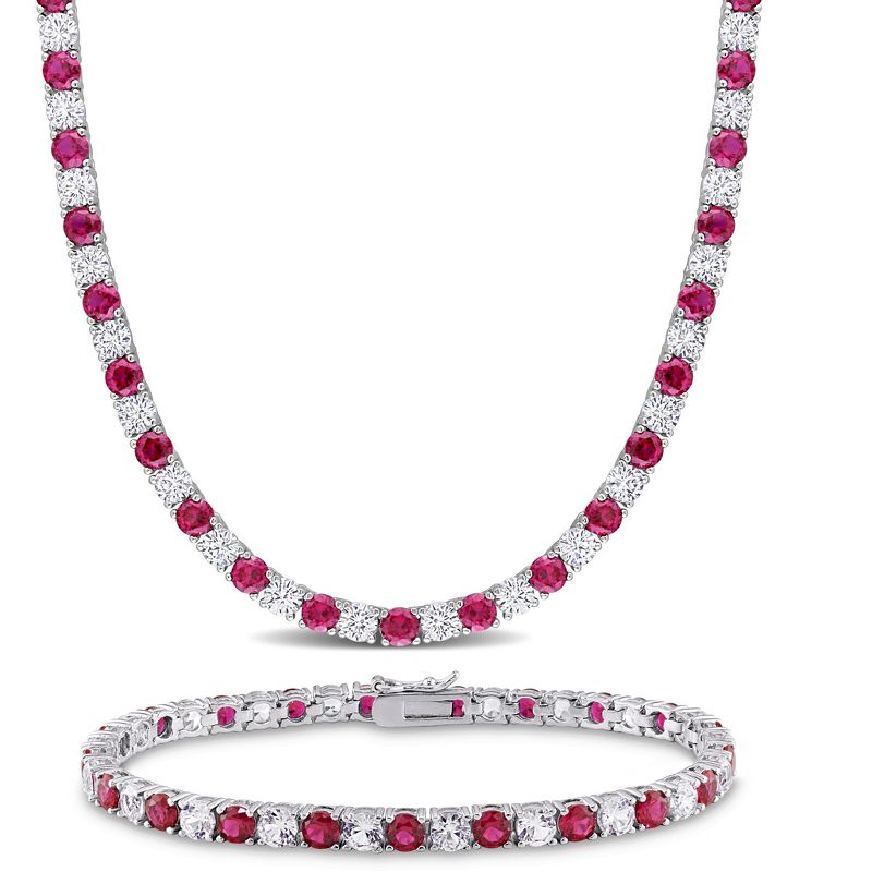 EVERLY JEWELRY | Sterling Silver 47 1/2 CT TGW Created Ruby and White Sapphire Tennis Necklace and Bracelet Set