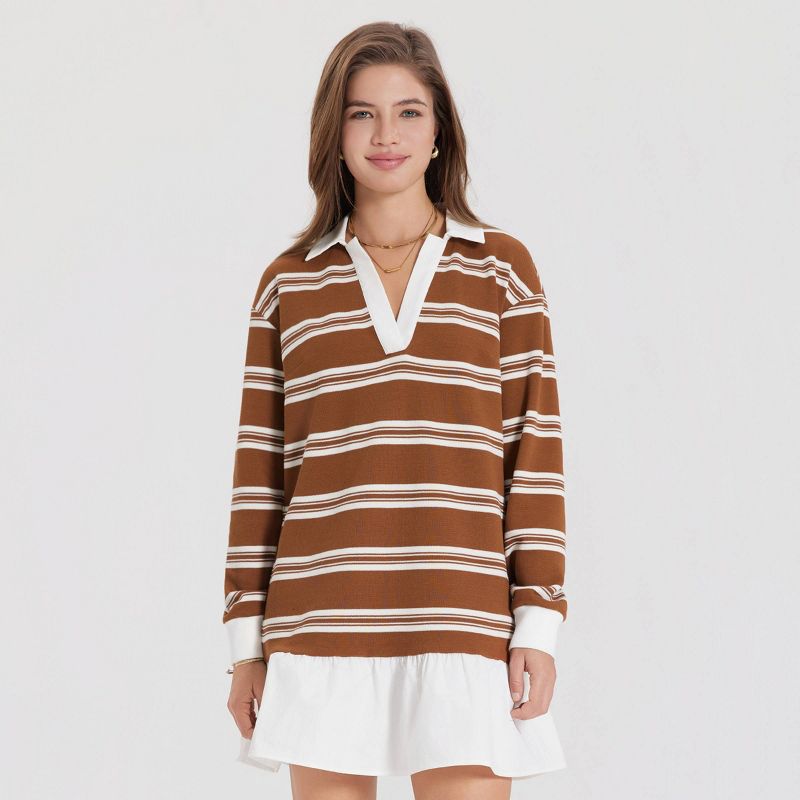 Women's Long Sleeve Mini Polo T-Shirt Dress - A New Day™ Brown/White Striped XL