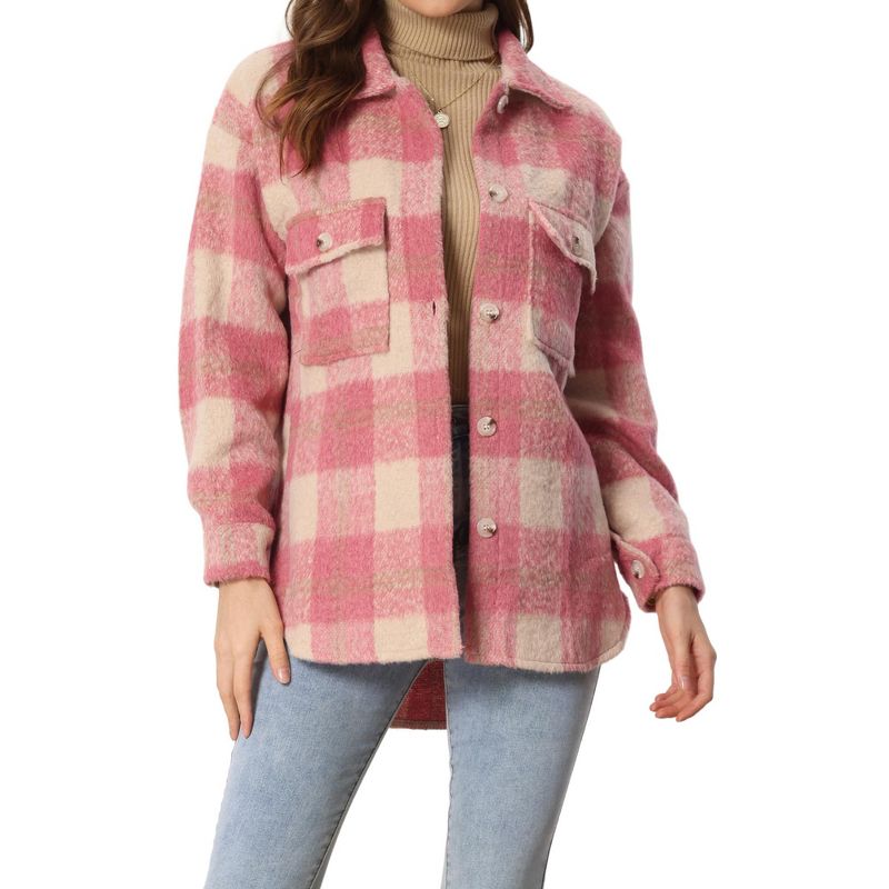 Allegra K Women's Plaid Flap Collar Button Front Pockets Shirt Jackets Pink Small