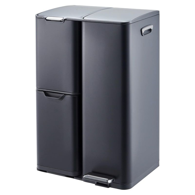 16 Gal Kitchen Trash Can with Lid,Triple Compartment Stainless Steel Garbage Can with Foot Pedal and Removable Inner Bucket,Trash and Recycle Bin Comb