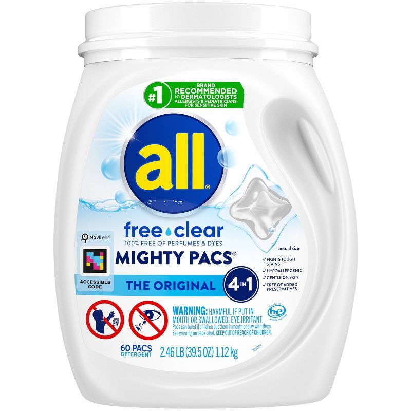 All Unscented Mighty Pacs Free Clear HE Laundry Detergent Pods 60 Pacs - 39.5oz