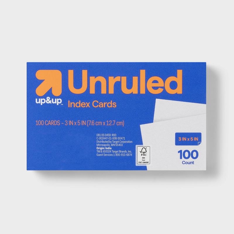 100ct 3" x 5" Unruled Index Cards White - up&up™: Paper Basics, 110 Paper Weight, Uncoated, 3x5 Card Indexing