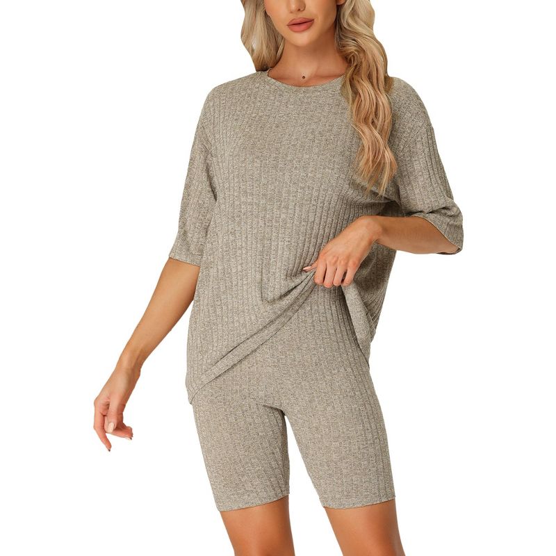cheibear Women's Tracksuit Short Sleeves Top with Shorts Ribbed Knit Soft Pajama Sets Khaki Small