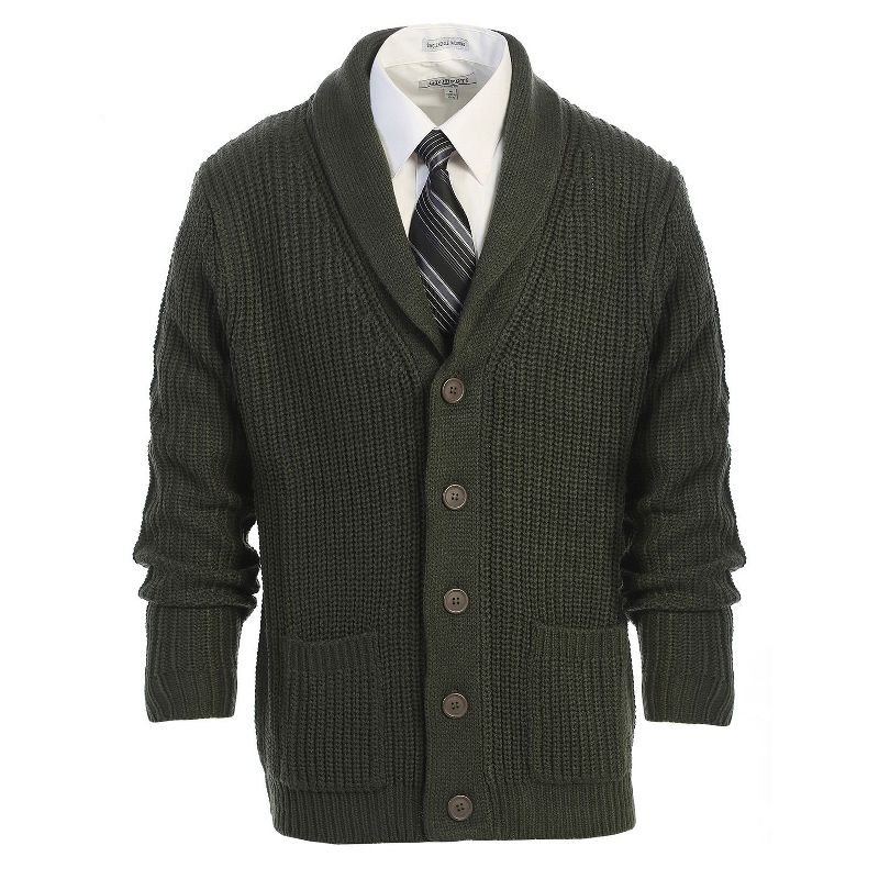 Gioberti Men's Heavy Weight Shawl Collar Knitted Regular Fit Cardigan With Faux Suede Elbow Patch, Olive, Small