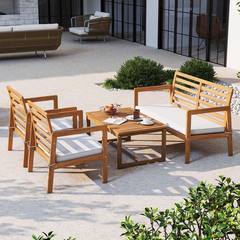 Costway 4 PCS Wood Patio Furniture Set with Soft Seat Cushions Solid Acacia Wood Frame