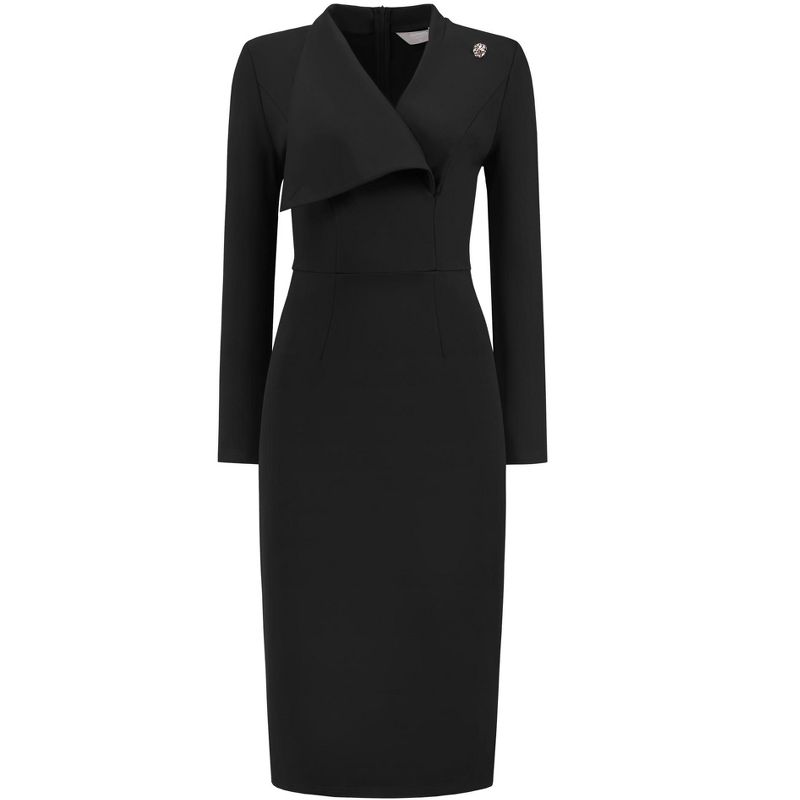 INSPIRE CHIC Women's Elegant Pencil Lapel V Neck Long Sleeve Trendy Work Knee Length Dresses X-Large Black