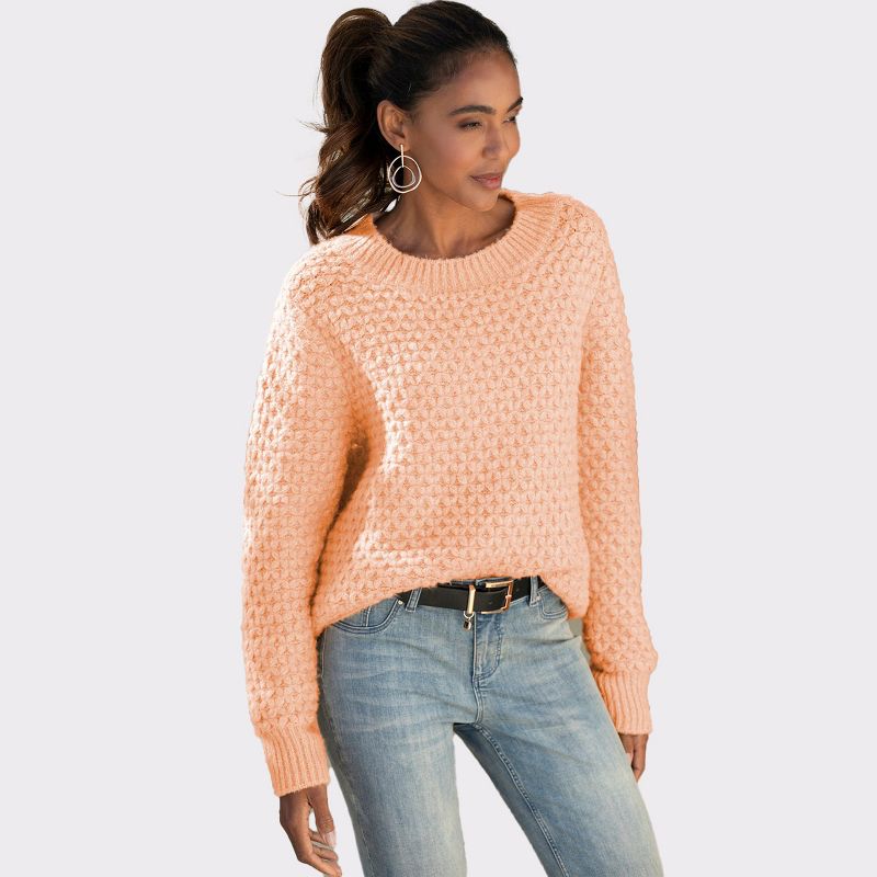 Women's Textured Long Sleeve Sweater - LASCANA - Peach Solid 4/6