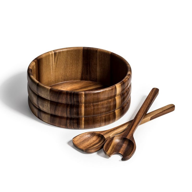 Kalmar Home Natural Acacia Wood Salad Bowl Set with Servers – Extra Large 10"x 4" Wide Bowl for Entertaining