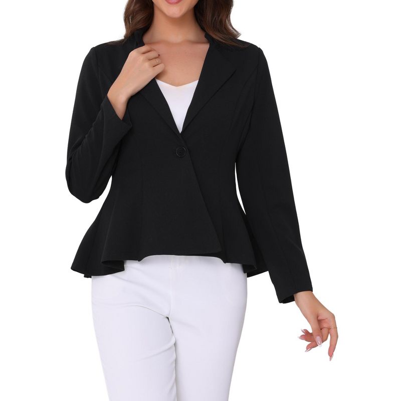 INSPIRE CHIC Women's Work Office Stand Collar Long Sleeve Single Button Peplum Business Blazers Black Small