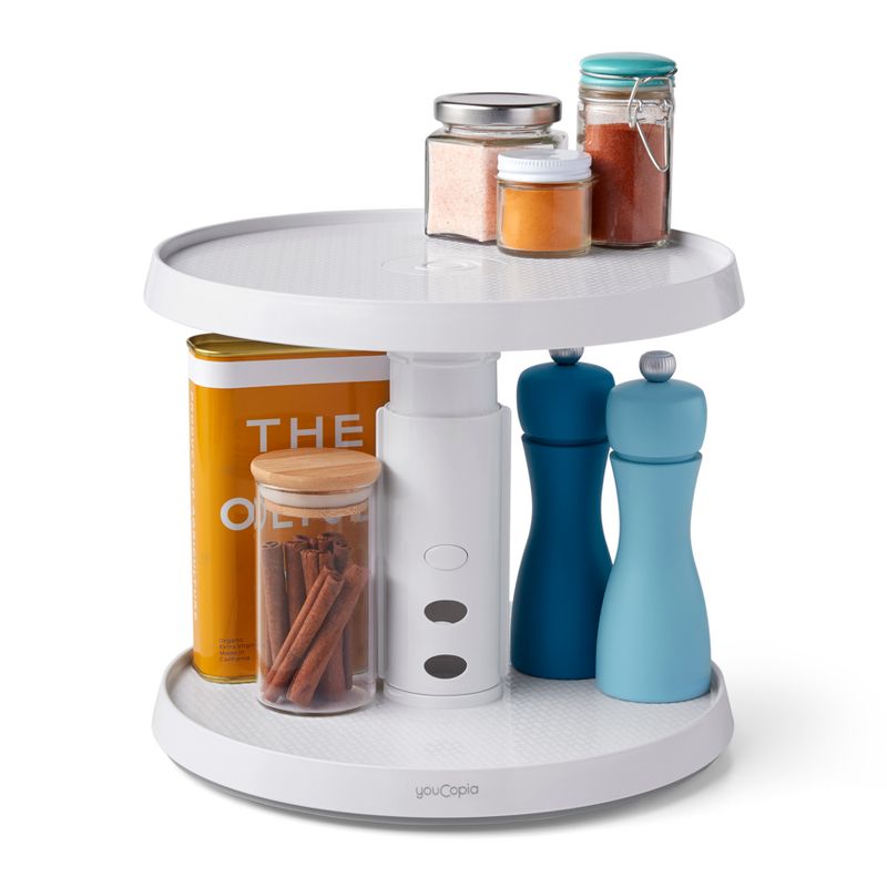 YouCopia Crazy Susan Two Tier Turntable: White, Revolving Rack, Non-Slip Grip, Ball Bearing Glides, Kitchen Storage, Plastic