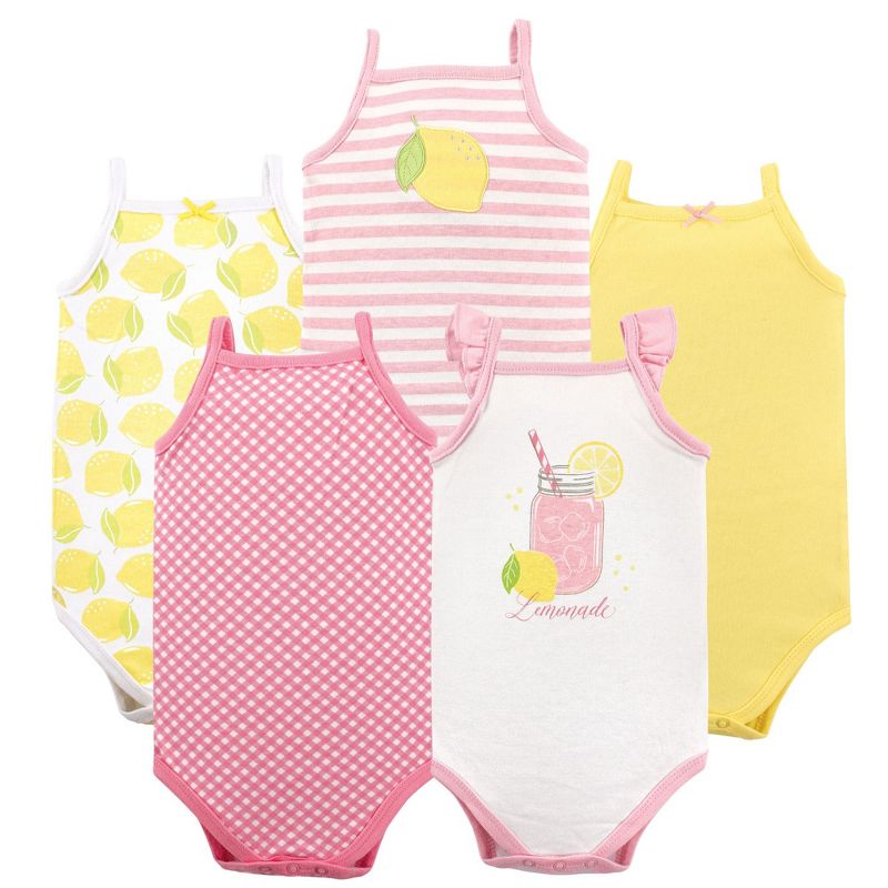 Hudson Baby Infant Girl Cotton Sleeveless Bodysuits 5pk, Lemonade, 3-6 Months