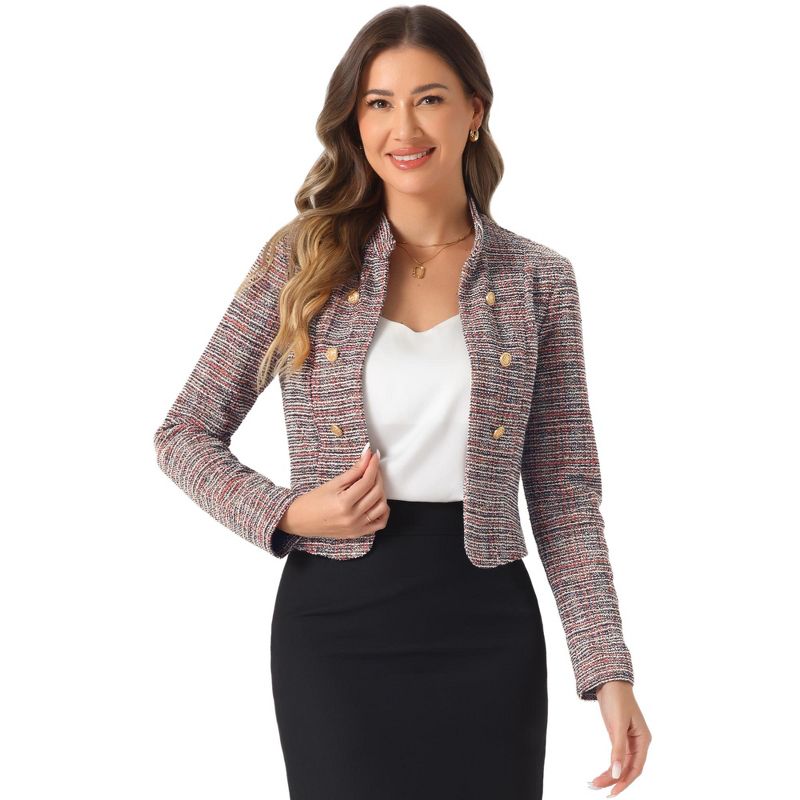INSPIRE CHIC Women's Tweed Stand Collar Business Open Front Cropped Jacket Large Red Black