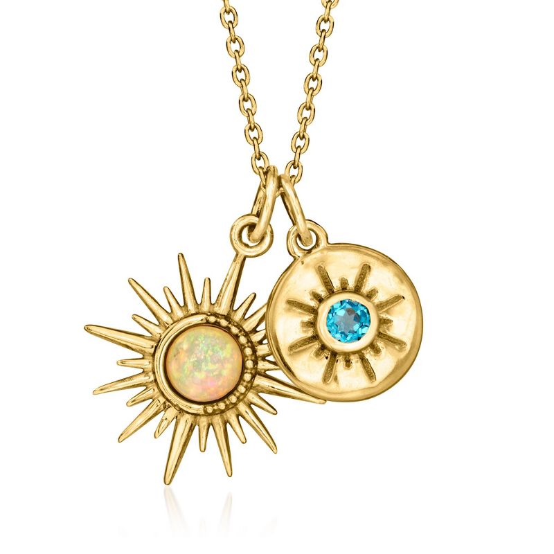 Ross-Simons Opal and .10 Carat London Blue Topaz Celestial Jewelry Set: 2 Pendants With Cable Chain in 18kt Gold Over Sterling Size 18
