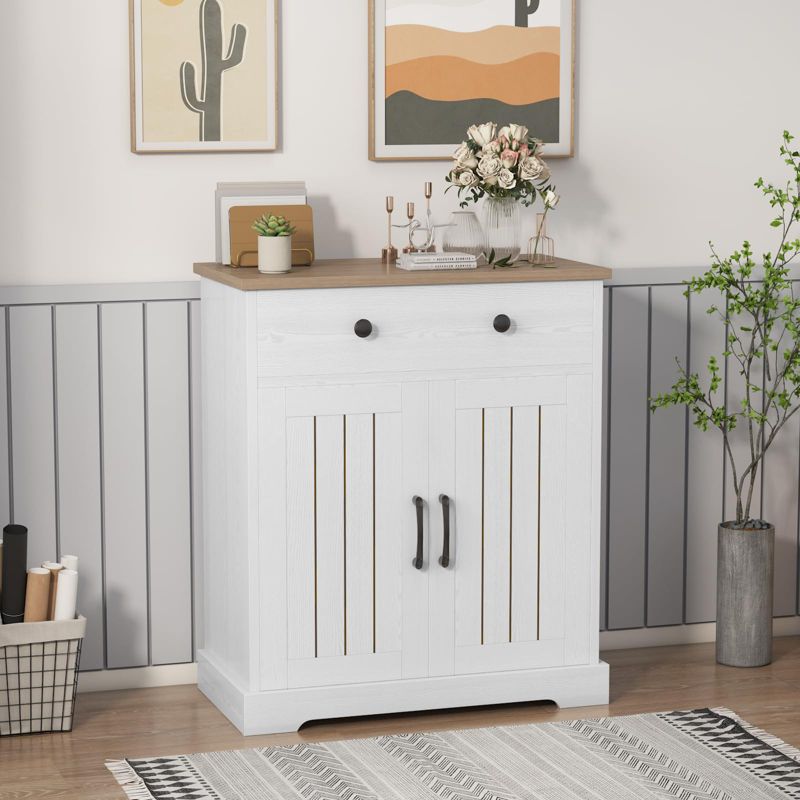 Small Storage Cabinet, Compact Wood Sideboard Buffet Cabinet with 2 Drawers & 2 Doors, Accent Furniture for Living Room, Kitchen, Dining Room, White