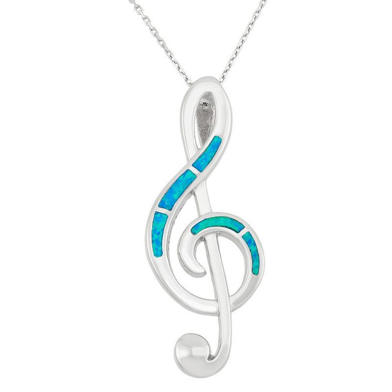 Opalata Sterling Silver Large Blue Inlay Opal Treble Clef 18" Pendant Necklace - Blue