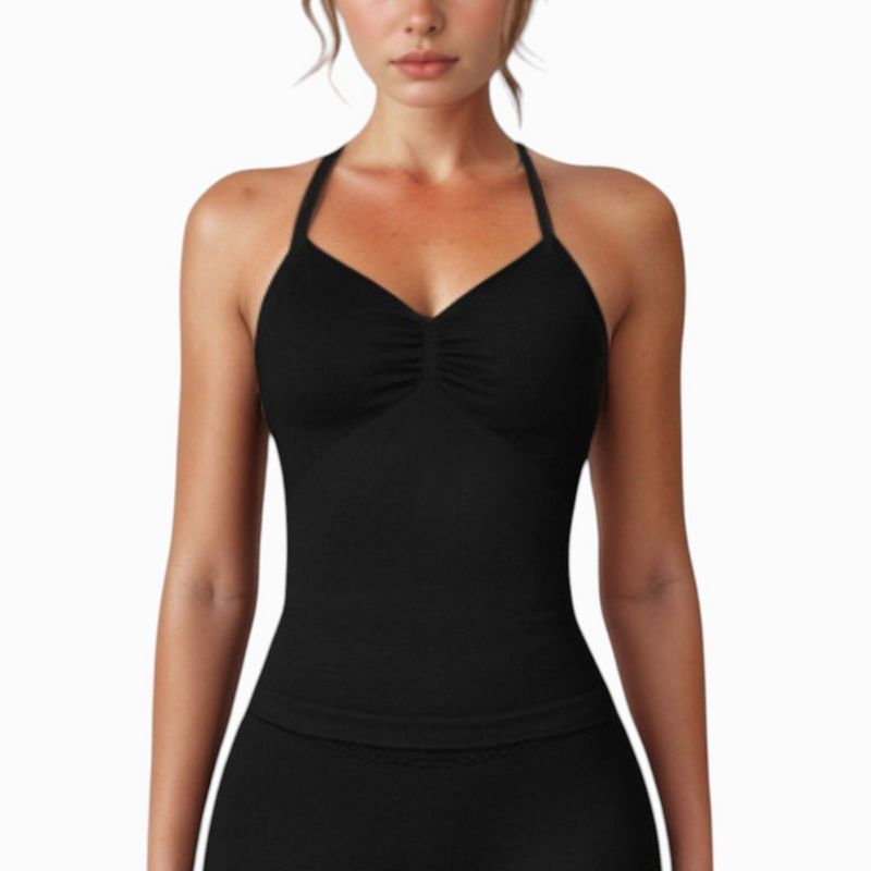 Anna-Kaci Active Women's Seamless Padded Cami Tank Top with Ruched Front Detail and Adjustable Halter Straps - Large, Black