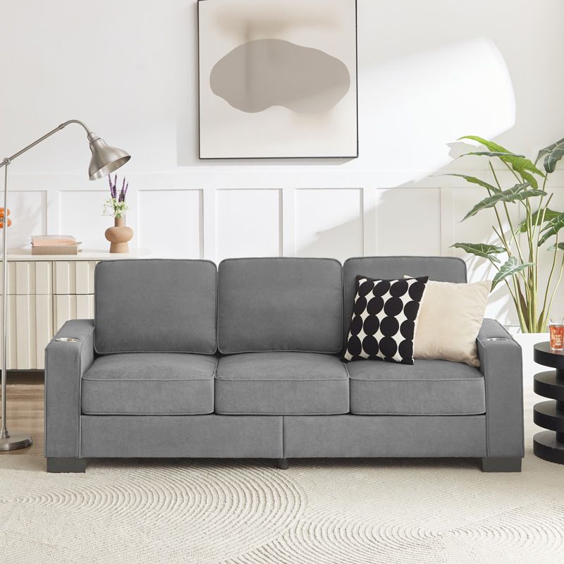 TiramisuBest 84 Inch Snowfleece Sofa 3 Seater Couch Cup Holder Arms Spring Cushions Modern Living Room Bedroom Office Furniture, Gray