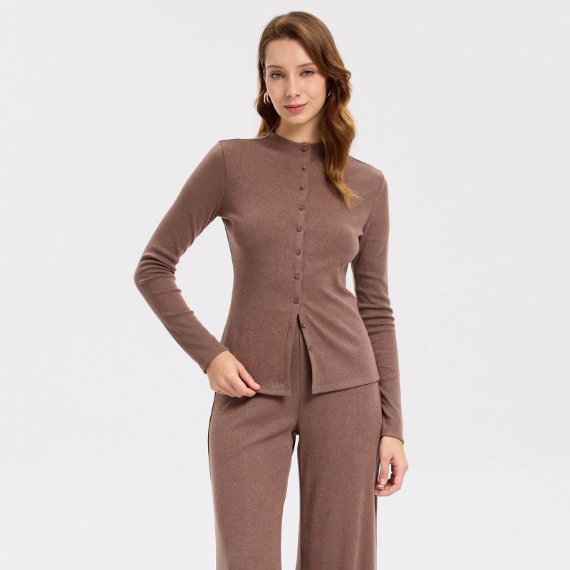 Women's Rib-Knit High Neck Cardigan Sweater - A New Day™ Brown M