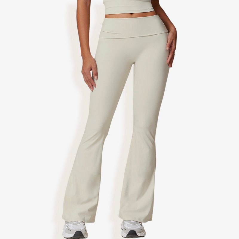 Anna-Kaci Active Women's Flared High Waist Yoga Pants for Activewear and Everyday Comfort for Workout Wear- Medium, Ivory